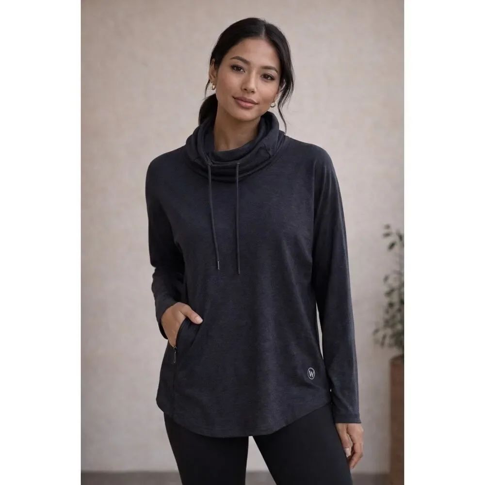We Wander Performance Cowl Neck Pullover Top Hidden Zip Pocket Athleisure Travel